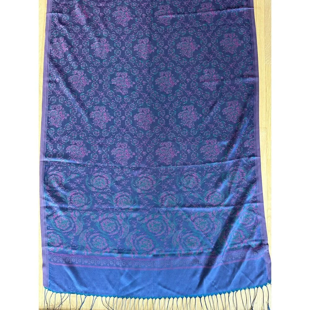 Vintage Silk Scarf Wrap Shawl Purple Magenta Floral Jacquard Fringe Edge Boho